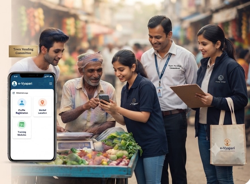 Field volunteers helping a street vendor register on e-Vyapari, alongside the Town Vending Committee